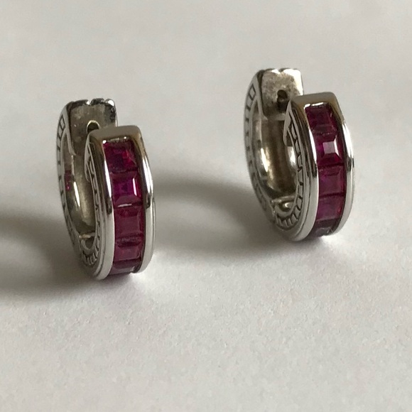 RUBY HOOP EARRINGS 14k White Gold Huggie Style Hoop Earrings July Birthstone - Picture 13 of 14